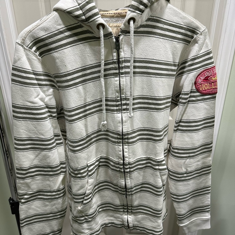 Hollister Gray and White Zip Up Sweater with Stripes
